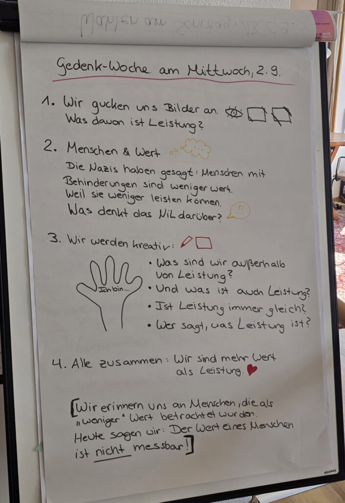 Eine Tafel mit Text und Symbolen informiert über das Tagesangebot im NIL